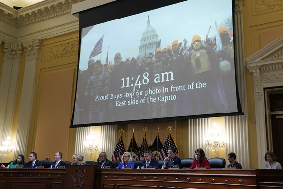 A video is shown the committee claims shows Proud Boys in front of the Capitol on Jan. 6th, as committee members from left to right, Rep. Stephanie Murphy, D-Fla., Rep. Pete Aguilar, D-Calif., Rep. Ad ...