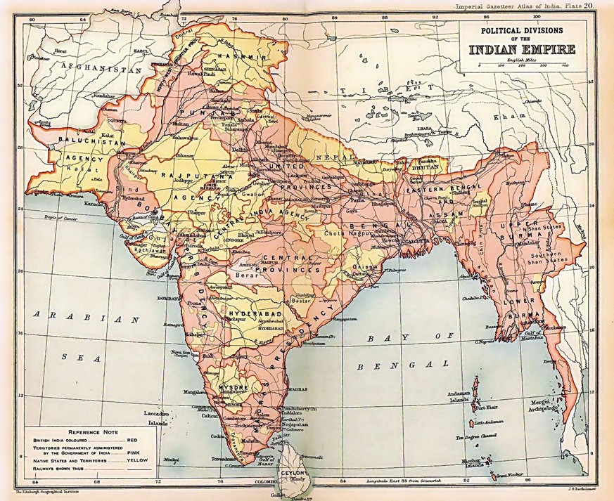 Britisch-Indien auf einer Karte der Imperial Gazetteer 1909
Von Edinburgh Geographical Institute; J. G. Bartholomew and Sons. - Oxford University Press, 1909. Scanned and reduced from personal copy by ...