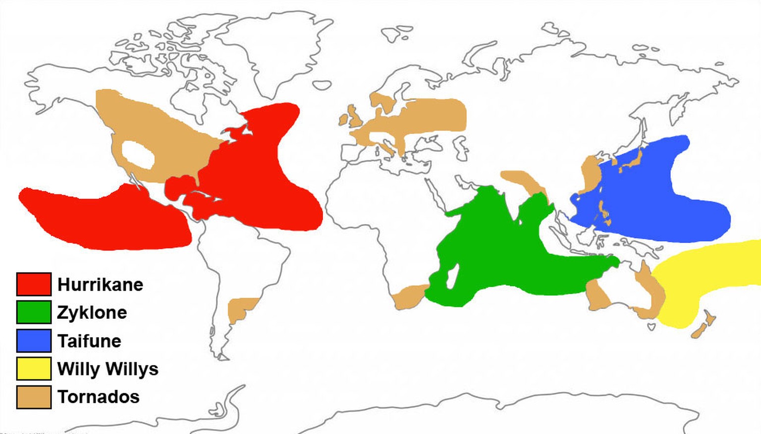 Karte: Hurrikan, Taifun, Zyklon, Willy-Willy, Tornado, tropischer Wirbelsturm, Sturmtief, tropischer Orkan