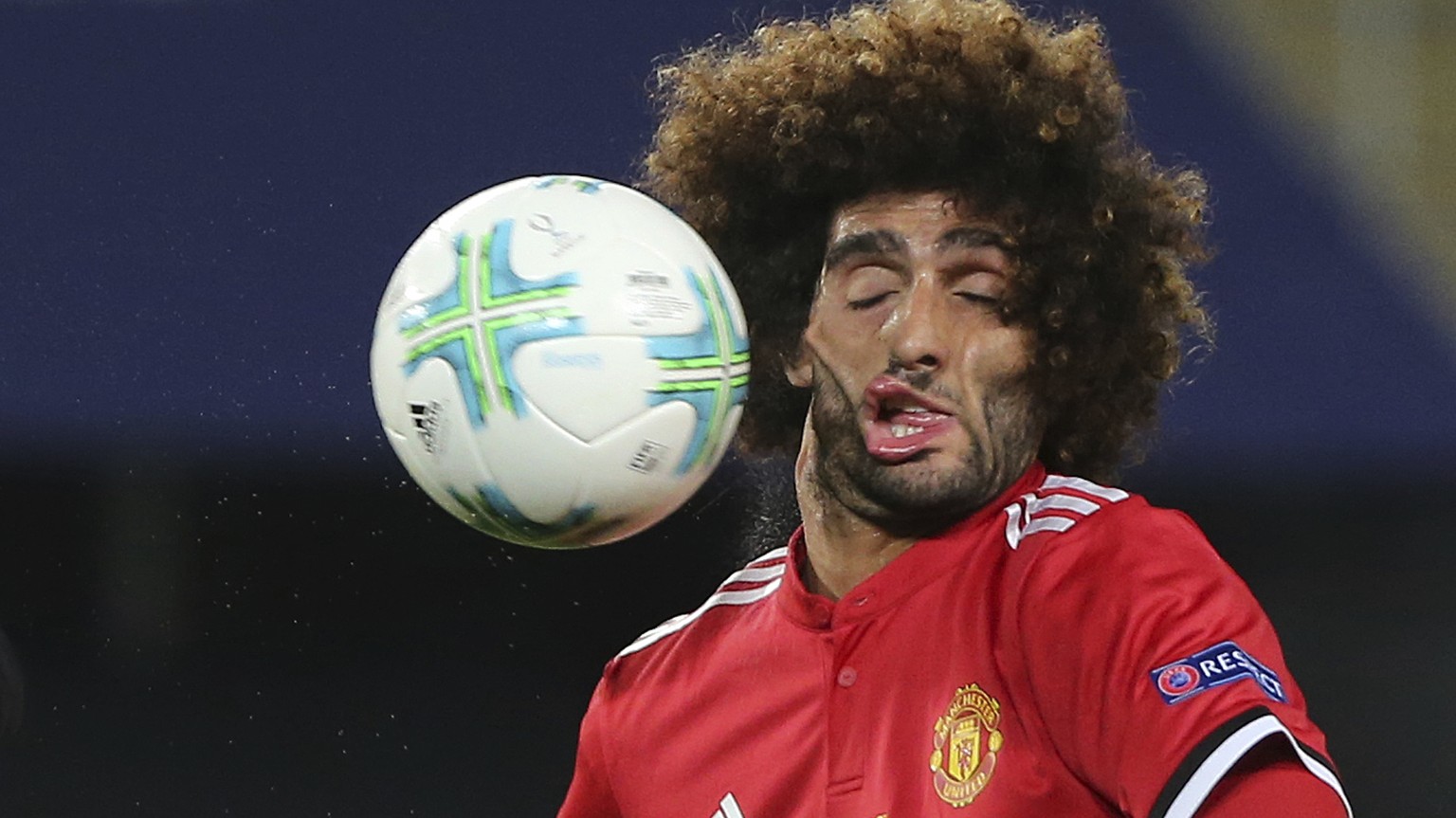 Manchester United&#039;s Marouane Fellaini during the UEFA Super Cup final soccer match between Real Madrid and Manchester United at Philip II Arena in Skopje, Tuesday, Aug. 8, 2017. (AP Photo/Boris G ...