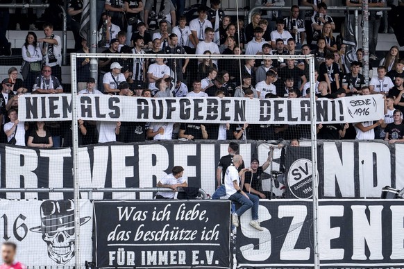 Die Fans vom SV Sandhausen zeigen in der Fankurve ein Banner, Spruchband mit der Aufschrift: Niemals aufgeben Delani, Fans, Ultras Publikum, Zuschauer, Stimmung, Atmosph�re, Stadion, die Ultras w�nsch ...
