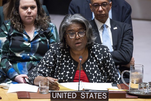 FILE - United States Ambassador and Representative to the United Nations Linda Thomas-Greenfield addresses members of the U.N. Security Council before voting during a meeting on Non-proliferation of n ...