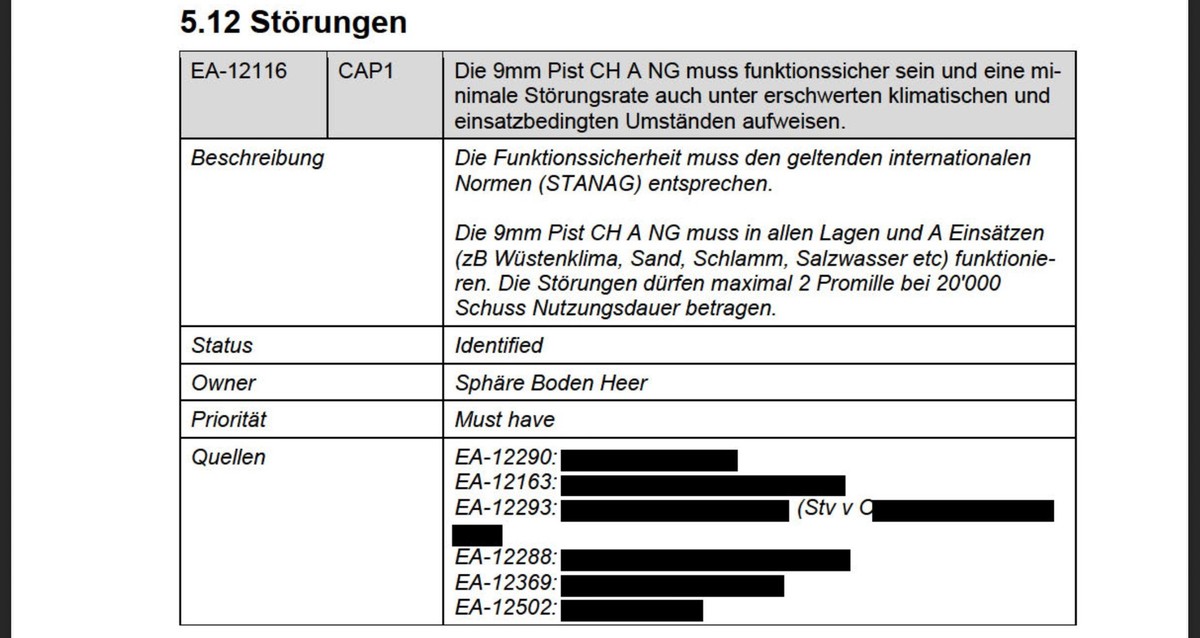 Auszug aus dem Armee-Anforderungsprofil für die neue Schweizer Armeepistole (Pistole 24).
