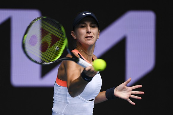 epa09002593 Belinda Bencic of Switzerland in action against Svetlana Kuznetsova of Russia during their second round tennis match of the Australian Open at Melbourne Park in Melbourne, Australia, 11 Fe ...