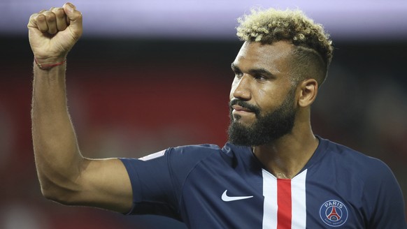 PSG&#039;s Eric Maxim Choupo-Moting celebrates at the end of the French League One soccer match between Paris Saint Germain and Toulouse at the Parc des Princes Stadium in Paris, France, on Sunday, Au ...