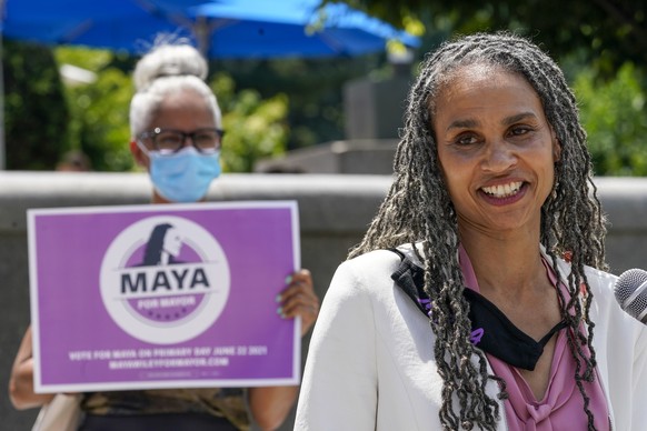 New York City mayoral candidate Maya Wiley, a former civil rights attorney and former counsel to the city&#039;s current mayor Bill de Blasio, speaks to reporters during a news conference, Tuesday, Ju ...