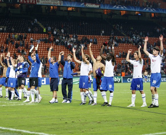 Zurich players celebrate after winning the Champions League, group C, soccer match between AC Milan and FC Zurich at the San Siro stadium in Milan, Italy, Wednesday, Sept. 30, 2009. Zurich won 1-0. (A ...