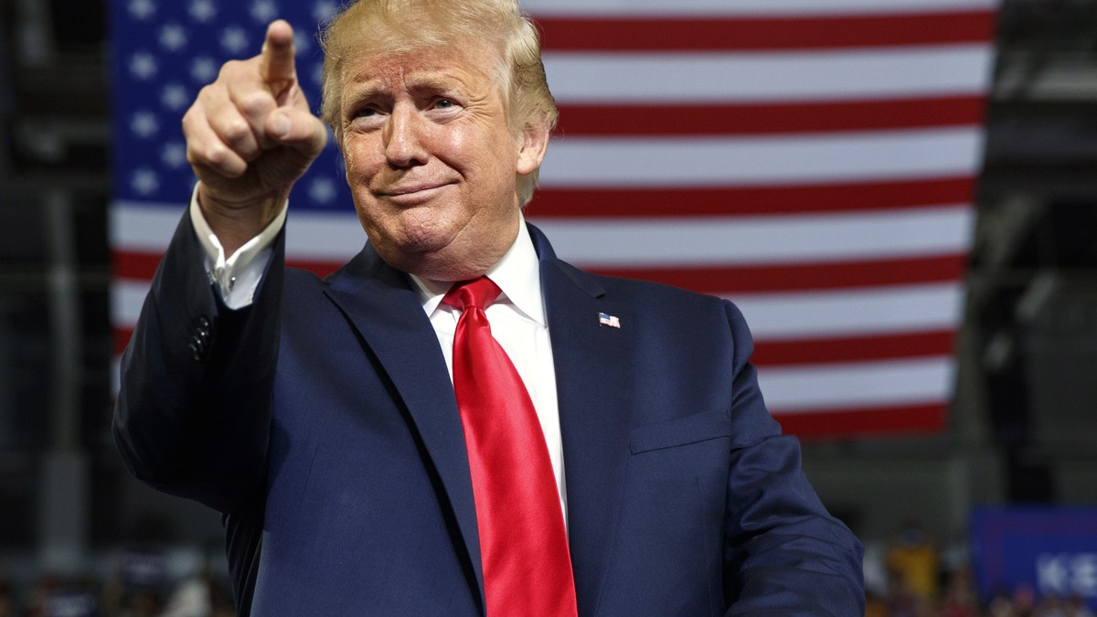 FILE - In this Wednesday, July 17, 2019 file photo, President Donald Trump gestures to the crowd as he arrives to speak at a campaign rally at Williams Arena in Greenville, N.C. Donald Trump