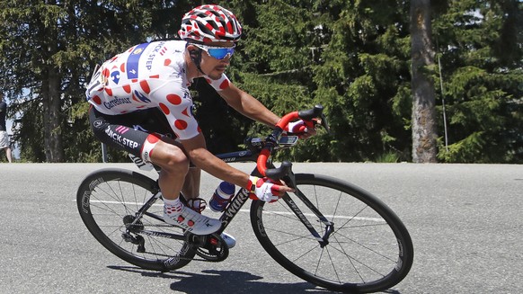 France&#039;s Julian Alaphilippe, wearing the best climber&#039;s dotted jersey, speeds downhill during the eleventh stage of the Tour de France cycling race over 108.5 kilometers (67.4 miles) with st ...