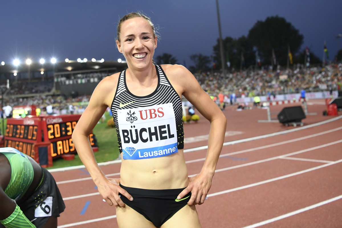 Selina Buechel from Switzerland reacts after the women's 800m race at the Athletissima IAAF Diamond League international athletics meeting in the Stade Olympique de la Pontaise in Lausanne, Switz ...
