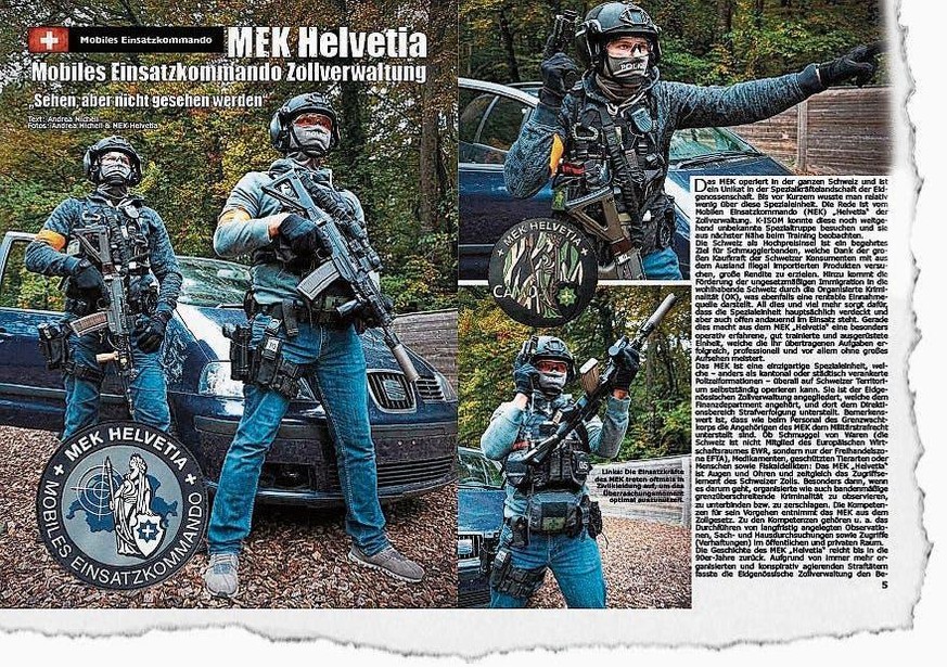 Sturmgewehr mit Schalldämpfer, Pistole, taktische Ausrüstung: Für ein deutsches Magazin über Spezialeinheiten präsentiert sich die MEK Helvetia martialisch.