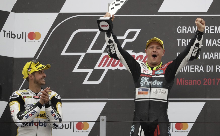 Second placed Moto 2 rider Thomas Luthi of Switzerland, left, applauds as Dominique Aegerter, also of Switzerland, celebrates on the podium after winning the San Marino Motorcycle Grand Prix at the Mi ...