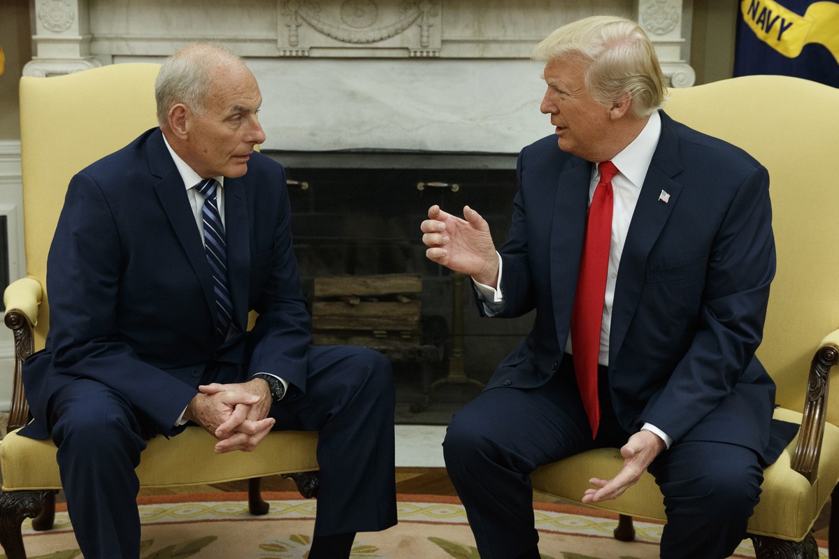 FILE - President Donald Trump talks with White House Chief of Staff John Kelly after he was privately sworn in during a ceremony in the Oval Office in Washington, July 31, 2017. (AP Photo/Evan Vucci,  ...