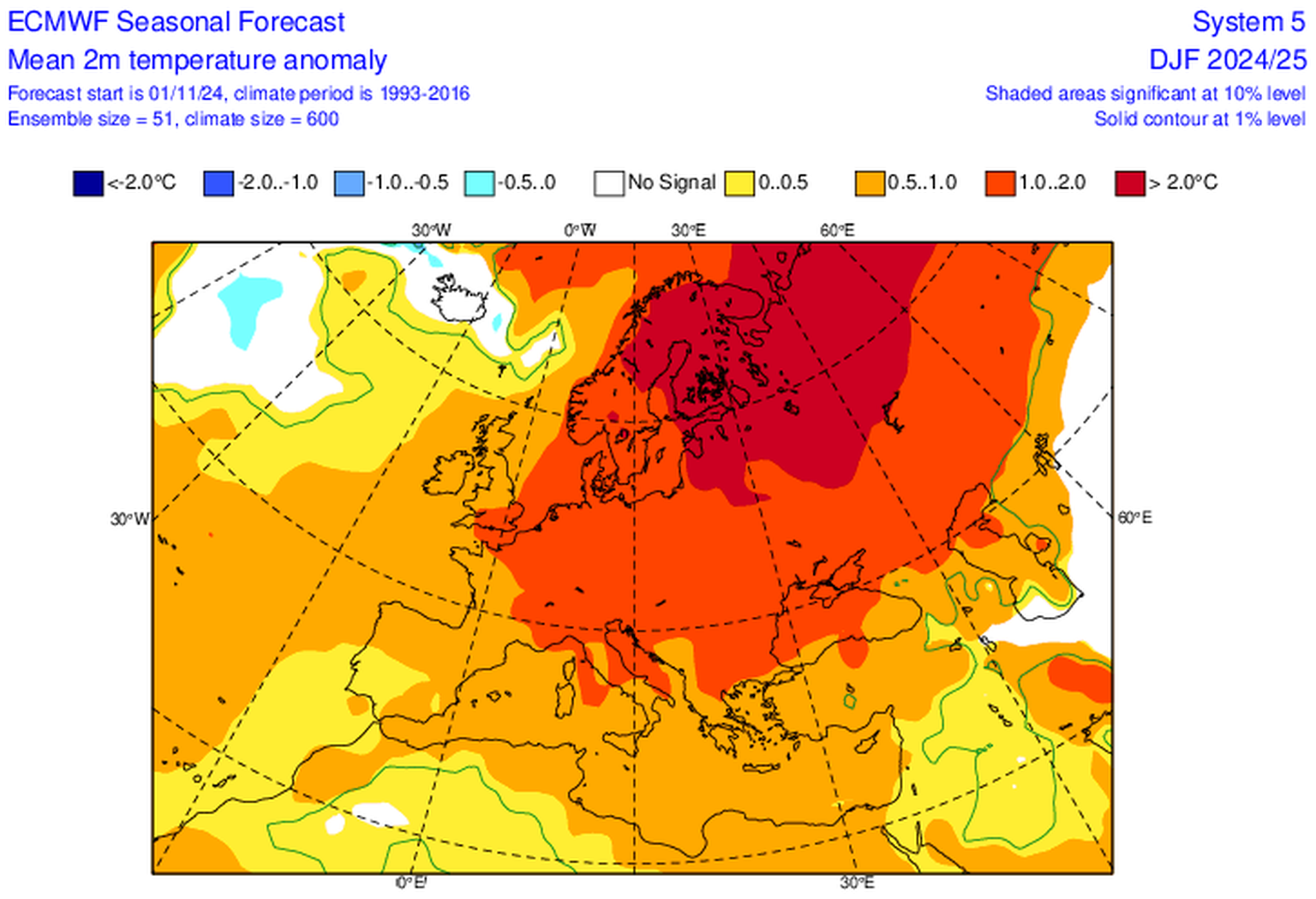 Abweichung der Temperatur gegenüber dem langjährigen Mittel in Europa für die Monate Dezember, Januar und Februar (13. November 2024)