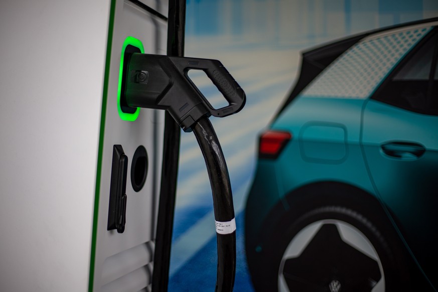 epa10650224 A charging station at the Volkswagen (VW) vehicle factory in Zwickau, Germany, 24 May 2023. The plant in Zwickau, completely re-equipped for electric mobility for a total of 1.2 billion eu ...