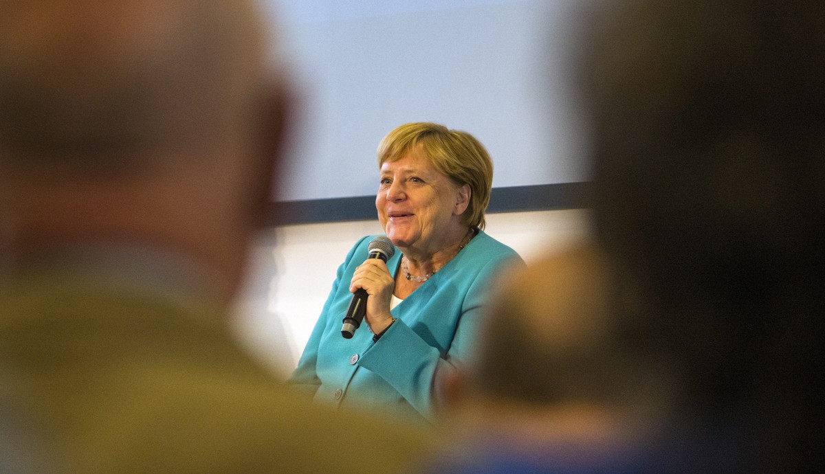 epa07771569 German Chancellor Angela Merkel speaks at the readers' forum of the newspaper Ostsee-Zeitung in Stralsund, northern Germany, 13 August 2019. The city of Stralsund and the district of  ...