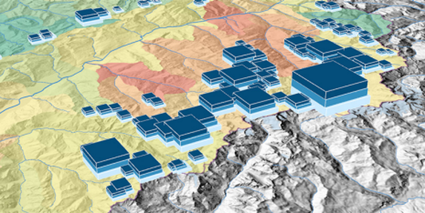 Den «Atlas der Schweiz» gibt's jetzt online: Hier zu sehen die Volumina der Schweizer Gletscher über die Zeit, dargestellt als Quader in verschiedenen Farben.