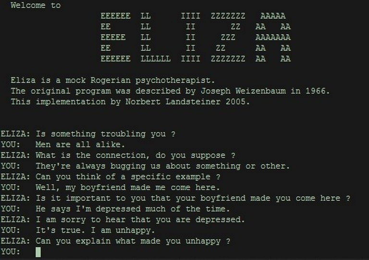 Screenshot eines Gesprächs auf Eliza.
https://de.wikipedia.org/wiki/ELIZA#/media/Datei:ELIZA_conversation.jpg
