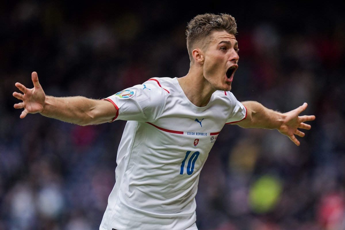 Czech Republic's Patrik Schick celebrates after scoring his second goal during the Euro 2020 soccer championship group D match between Scotland and Czech Republic, at Hampden Park stadium in Glas ...