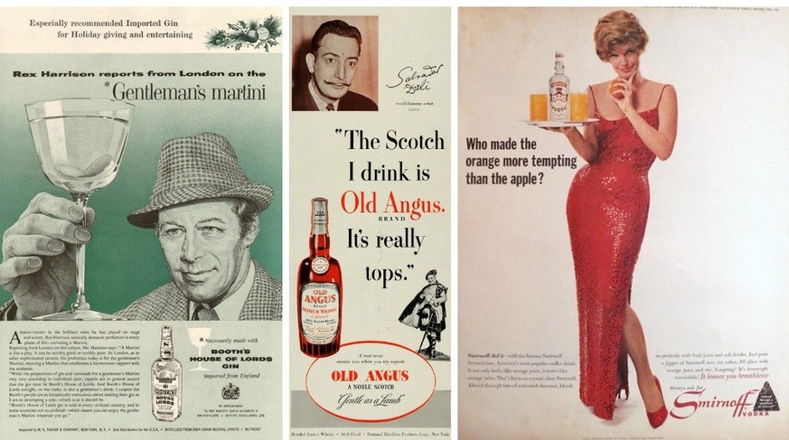 Rex Harrison, Salvador Dali Julie London spirituosen drinks trinken retro https://menstoptens.com/home/food-drink/10-classic-celebrity-alcohol-ads
