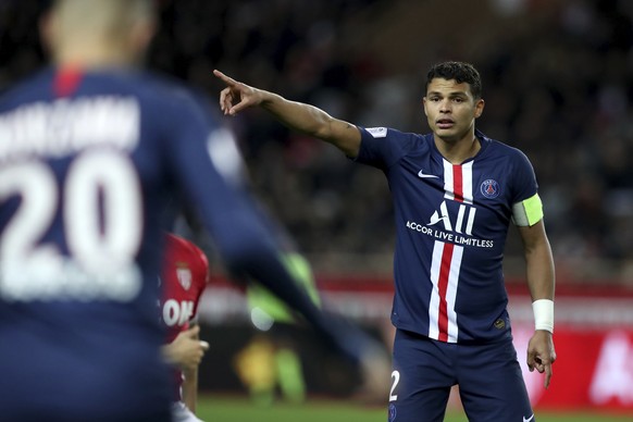 FILE - In this Jan. 15, 2019 file photo, PSG&#039;s Thiago Silva points his finger during the French League One soccer match between Monaco and Paris Saint-Germain at the Louis II stadium in Monaco, W ...