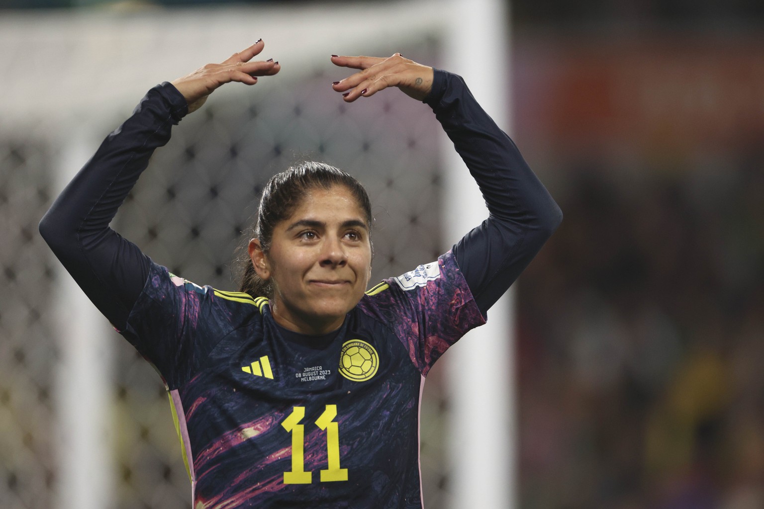 Colombia&#039;s Catalina Usme celebrates minutes before the end the Women&#039;s World Cup round of 16 soccer match between Jamaica and Colombia in Melbourne, Australia, Tuesday, Aug. 8, 2023. (AP Pho ...