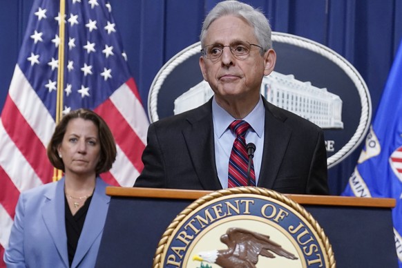Attorney General Merrick Garland speaks at the Department of Justice in Washington, Thursday, April 13, 2023. Garland announced that a Massachusetts Air National Guard member who has emerged as a main ...