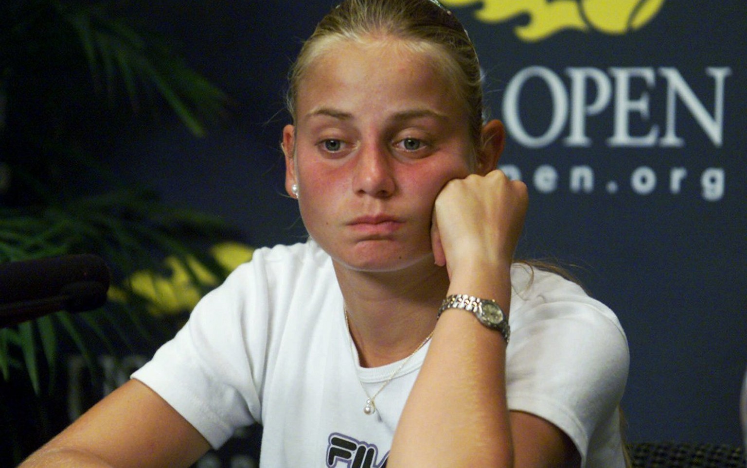 FILE - In this Aug. 31, 2000, file photo, Australia&#039;s Jelena Dokic reacts during a news conference at the U.S. Open tennis tournament in New York. Former Wimbledon semifinalist Jelena Dokic says  ...