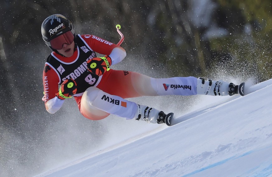 Switzerland&#039;s Lara Gut Behrami speeds down the course during an alpine ski, women&#039;s World Cup Super G race in Kvitfjell, Norway, Friday, March 3, 2023. (AP Photo/Marco Trovati)