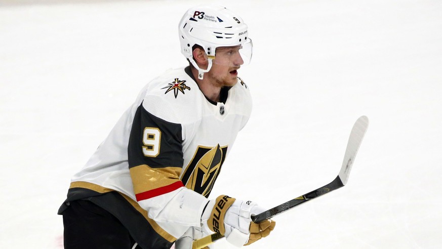 Vegas Golden Knights center Jack Eichel (9) warms up prior an NHL hockey game against the Buffalo Sabres, Thursday, March 10, 2022, in Buffalo, N.Y. (AP Photo/Jeffrey T. Barnes)