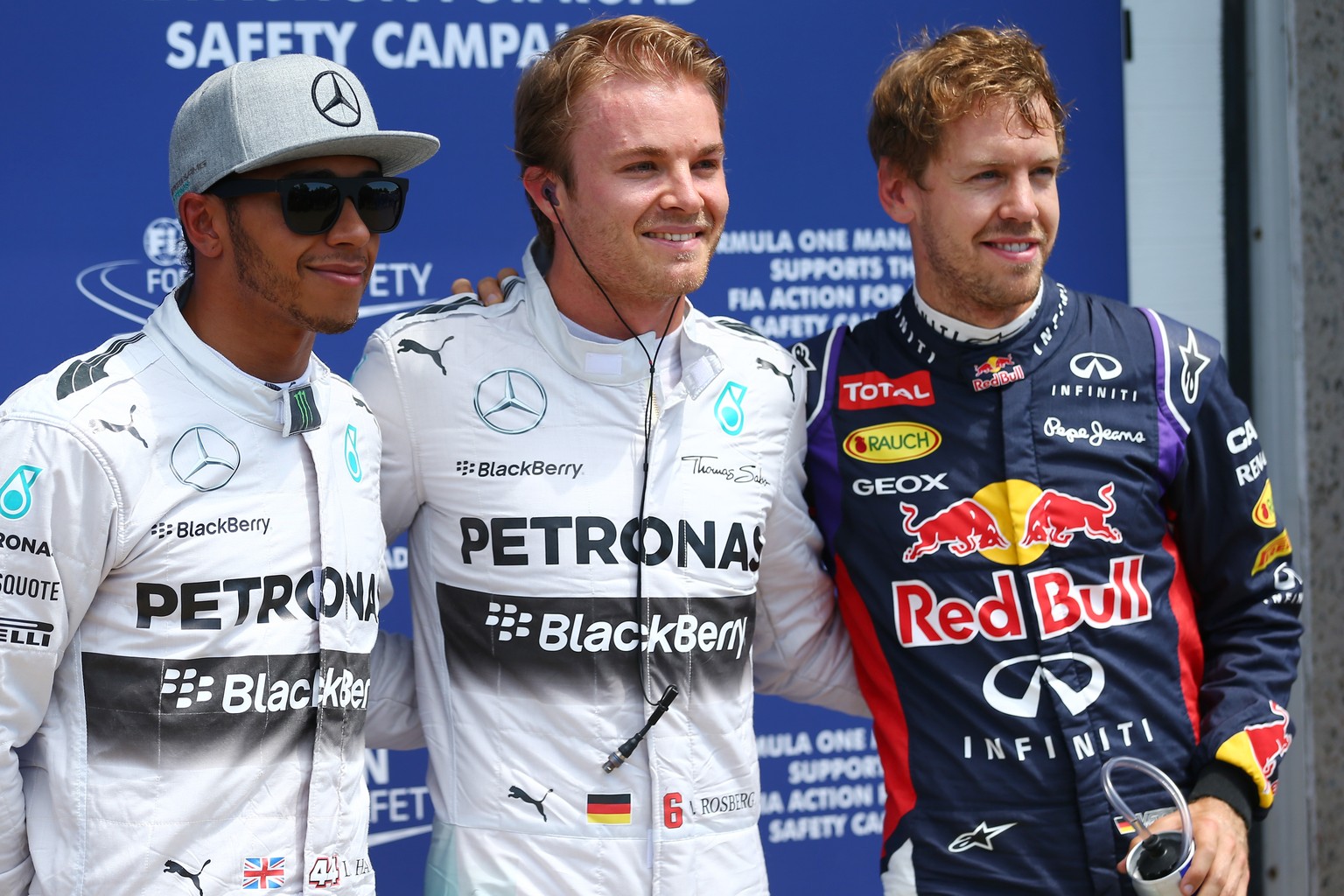 Die schnellsten Drei in der Qualifikation: Lewis Hamilton, Nico Rosberg, Sebastian Vettel (von links nach rechts).