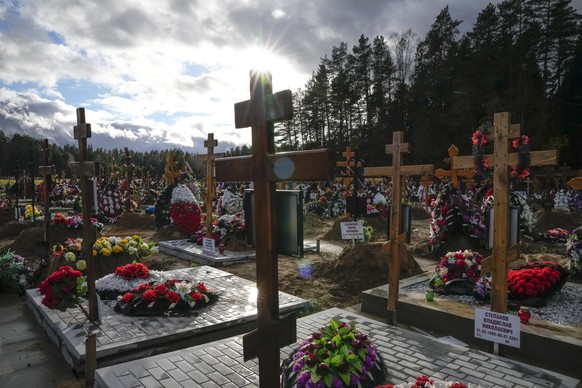 Graves and crosses are seen at the Yastrebkovskoe cemetery, which serves as one of the burial grounds for those who died of COVID-19, outside Moscow, Russia, Friday, Oct. 22, 2021. The low vaccine acc ...