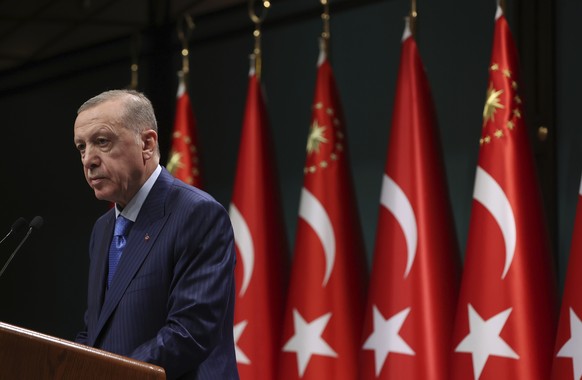 In this handout photo released by Turkish Presidency, Turkey&#039;s President Recep Tayyip Erdogan talks after a cabinet meeting in Ankara, Turkey, Monday, Jan. 23, 2023. Turkey&#039;s president cast  ...