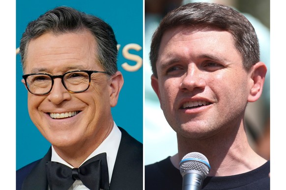 FILE - This photo combination shows Stephen Colbert, left, in Los Angeles, Sept. 12, 2022 and Texas Rep. James Talarico, Aug. 16, 2025, in Chicago. (AP Photo/Talia Sprague, Jae C. Hong, file)
Election ...