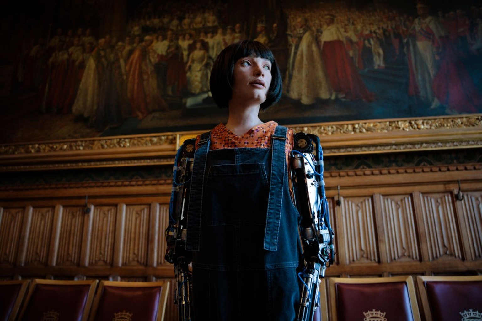 LONDON, ENGLAND - OCTOBER 11: Ai-Da Robot, the world's first ultra-realistic humanoid robot artist, appears at a photo call in a committee room in the House of Lords on October 11, 2022 in London ...