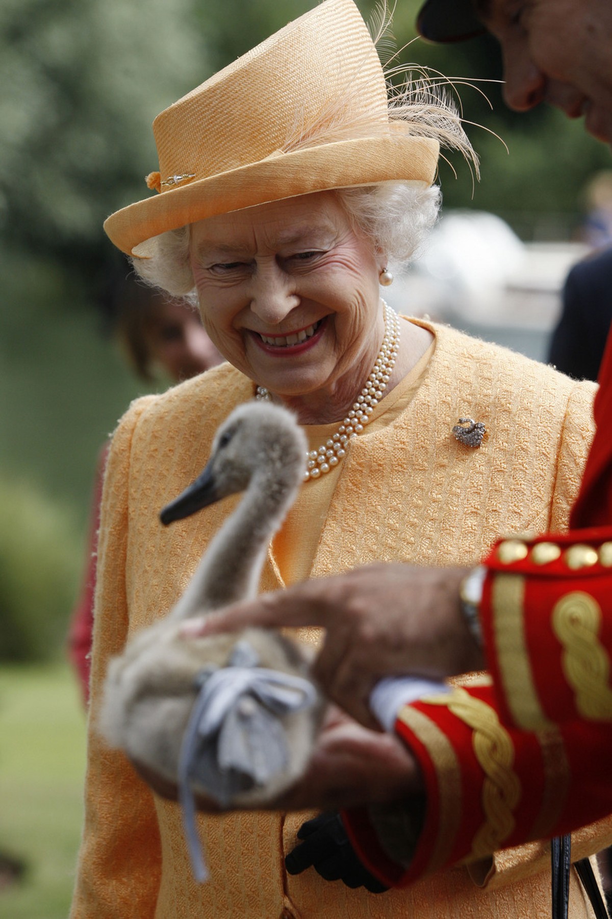 Britain's Queen Elizabeth II smiles as she is being shown a orphaned cygnet at Oakley Court on the river bank during a swan upping census, the ancient ritual of her swans being counted, on the Ri ...