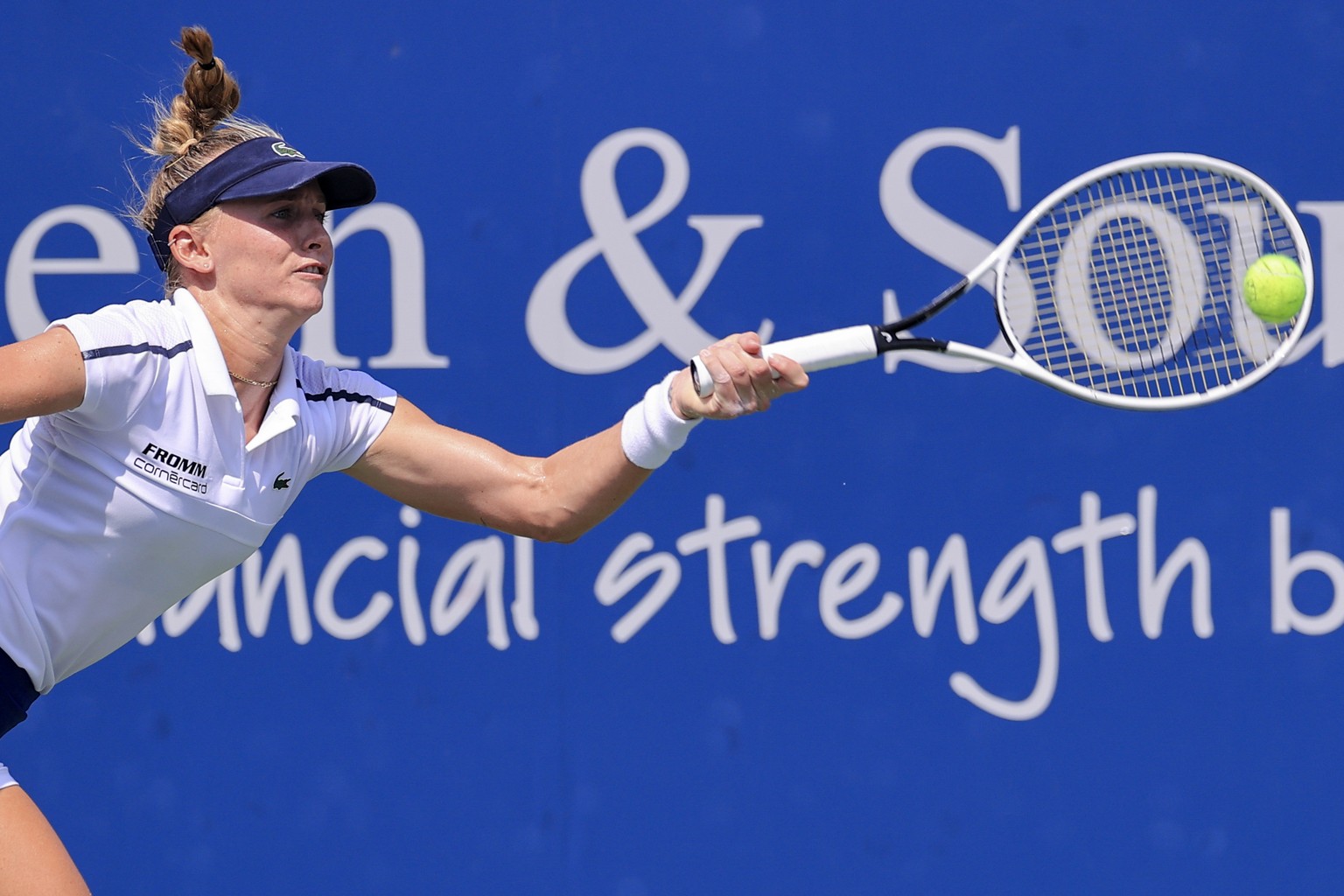 Jil Teichmann, of Switzerland, returns to Ashleigh Barty, of Australia, during the women&#039;s single final of the Western &amp; Southern Open tennis tournament Sunday, Aug. 22, 2021, in Mason, Ohio. ...