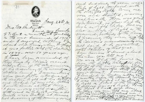 Brief von John W. Townsend 1930, in dem er das Erlebnis des ersten Lichts im Speisesaal des Kulm Hotels beschreibt und auf den 18. Juli 1879 datiert.