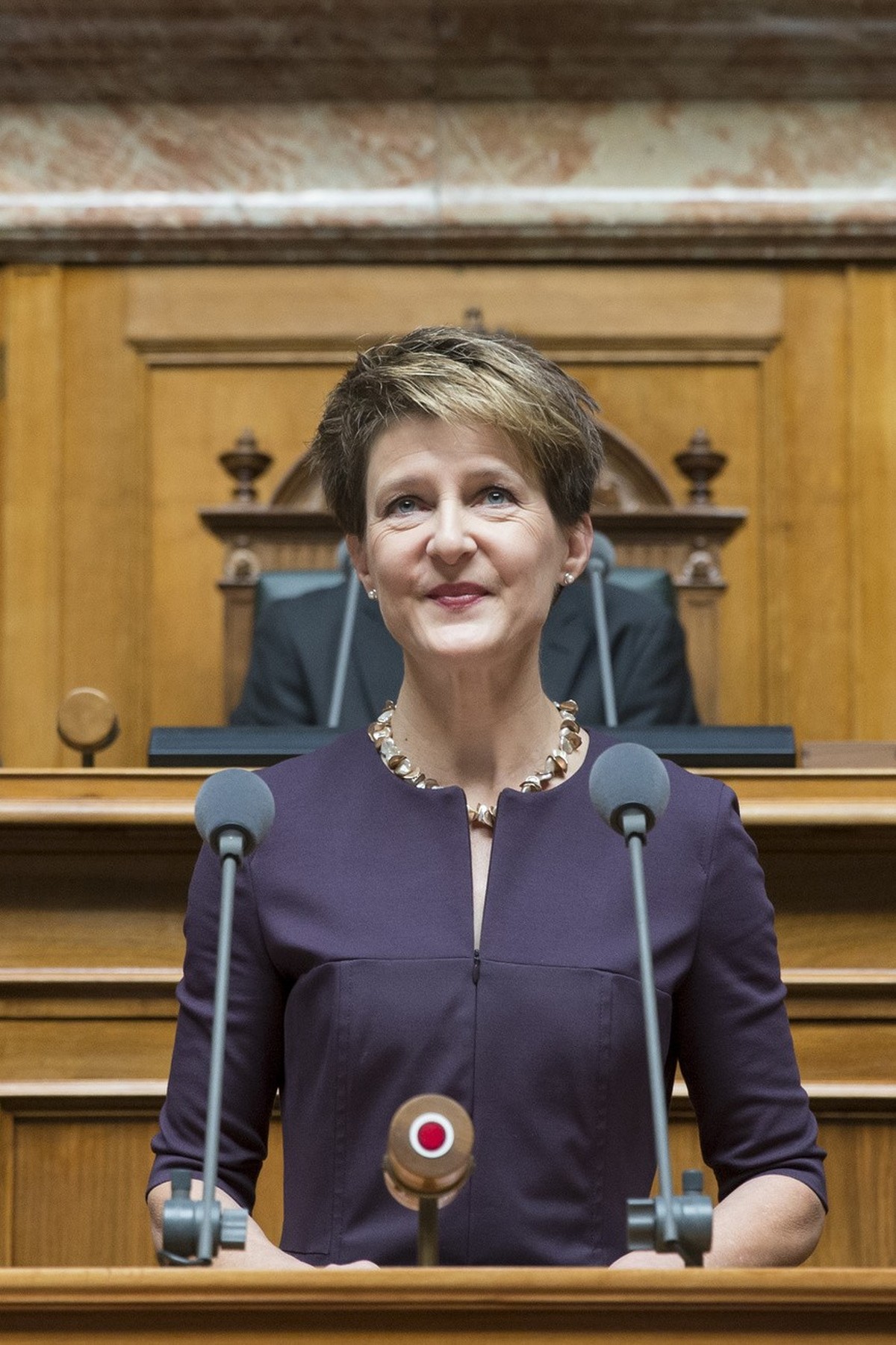 Simonetta Sommaruga, newly elected Swiss Federal President, talks to the members of the Swiss Federal Convention, Wednesday, December 3, 2014 during the session of the Swiss parliament in Bern. (KEYST ...
