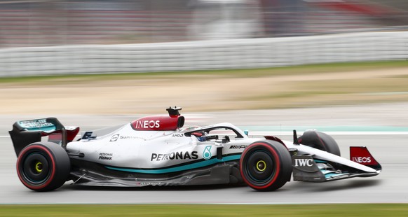 Mercedes driver George Russell of Britain steers his car during a Formula One pre-season testing session at the Catalunya racetrack in Montmelo, just outside of Barcelona, Spain, Friday, Feb. 25, 2022 ...