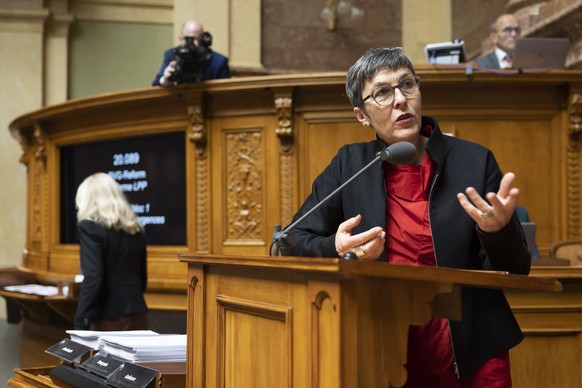 Barbara Gysi, SP-SG, spricht waehrend der Debatte um die BVG-Reform, waehrend der Fruehlingssession der Eidgenoessischen Raete, am Dienstag, 28. Februar 2023, in Bern. (KEYSTONE/Peter Klaunzer)