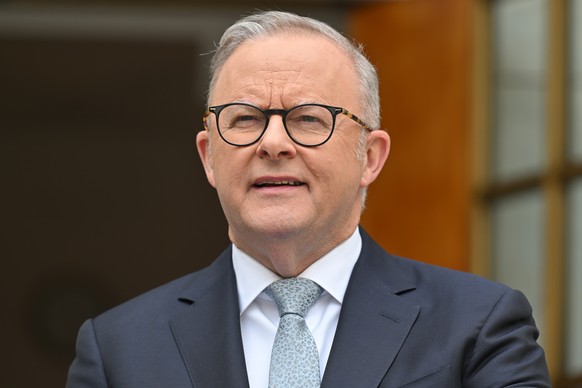 epa12434052 Australia&#039;s Prime Minister Anthony Albanese looks on during a press conference after signing a defense treaty at Parliament House in Canberra, Australia, 06 October 2025. EPA/MICK TSI ...