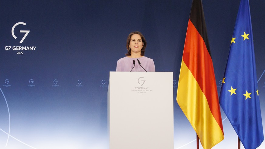 epa09946413 German Foreign Minister Annalena Baerbock speaks during a press conference after the meeting of foreign ministers of the G7 member states at the Schlossgut Weissenhaus venue near Oldenburg ...