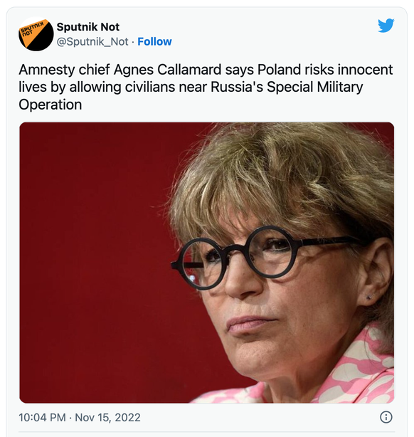 «Amnesty-Chefin Agnes Callamard: Polen riskiert unschuldige Leben, wenn es Zivilisten in die Nähe der russischen Militäroperation lässt.»