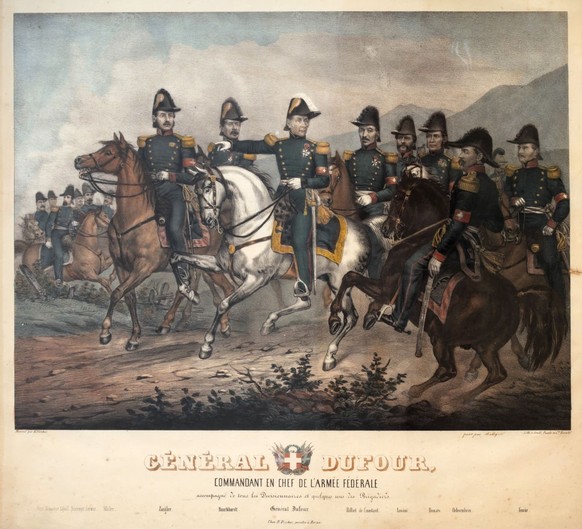 General Henri Dufour im Sonderbundskrieg von 1847 mit seinen Divisions- und Brigade-Obersten.