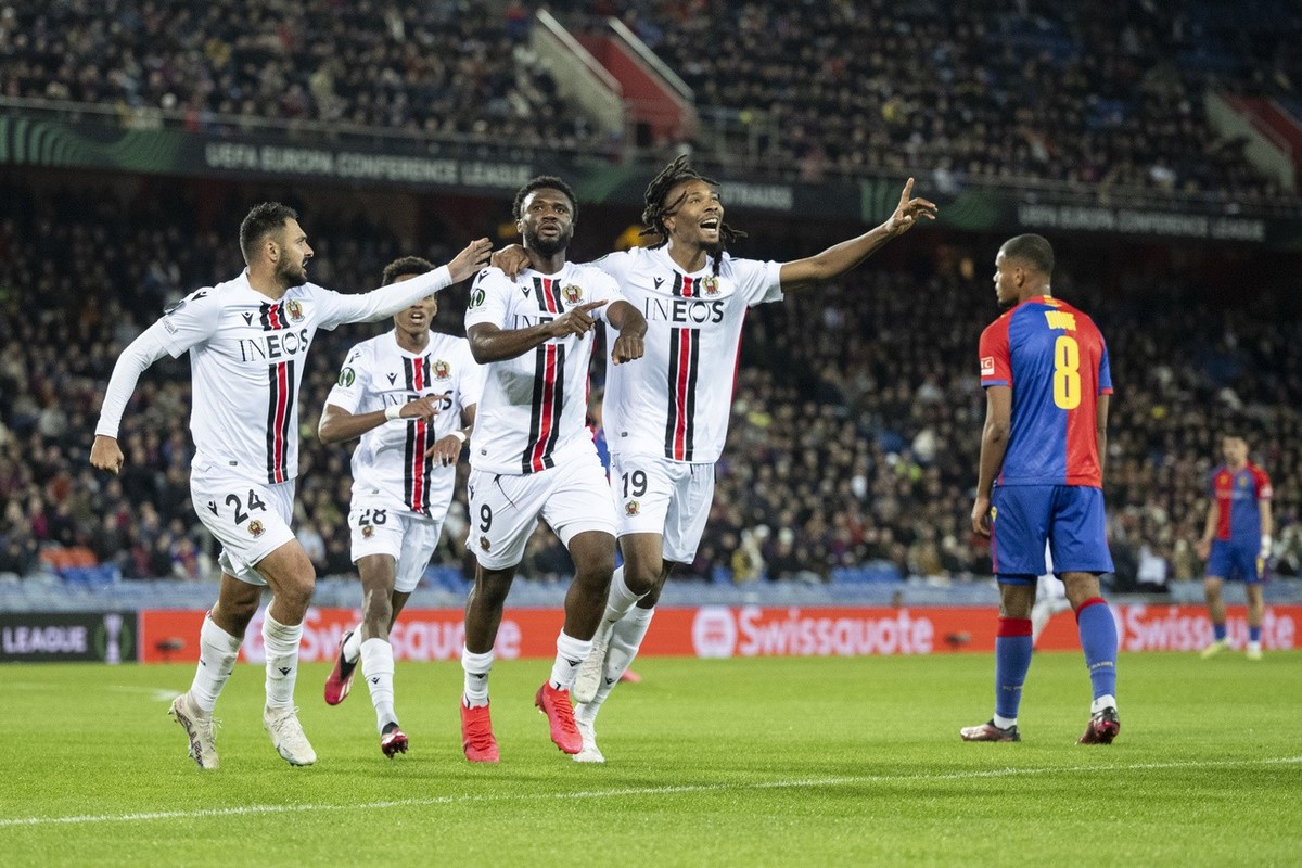 Nice's Terem Moffi celebrates after his 1:1 goal during the UEFA Conference League soccer match between Switzerland's FC Basel 1893 and OGC Nice of France at the St. Jakob-Park stadium in Ba ...