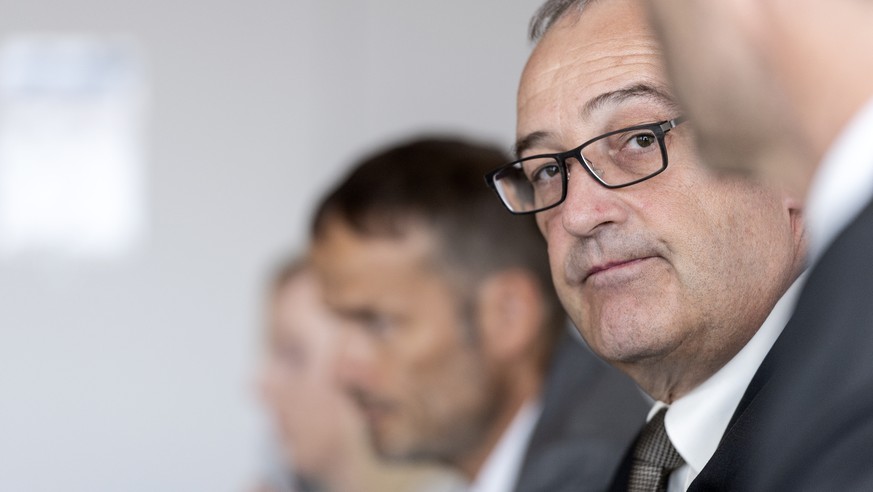 Bundesrat Guy Parmelin, Vorsteher des Departements fuer Wirtschaft, Bildung und Forschung WBF, spricht an einer Medienkonferenz zum Abschluss der Verhandlungen zwischen der Europaeischen Freihandelsas ...