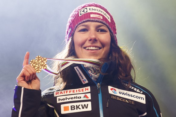 Gold medalist Wendy Holdener of Switzerland reacts during the women alpine combined winnerâs presentation at the 2017 FIS Alpine Skiing World Championships in St. Moritz, Switzerland, Friday, Februa ...