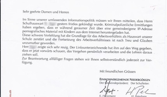 Der Brief der Einwohnergemeinde Niedergösgen an die Eltern.
