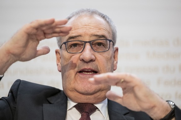 Swiss Federal Councillor Guy Parmelin speaks during a press conference on the new import tariffs into the US, Friday, November 14th, 2025, in Berne, Switzerland. (KEYSTONE/Alessandro della Valle)